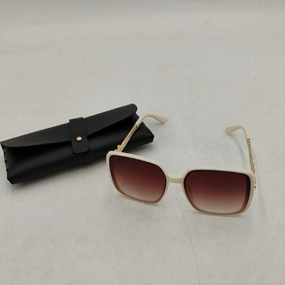 Oversized Square Sunglasses Womens White Frame Brown Gradient Gold Temple